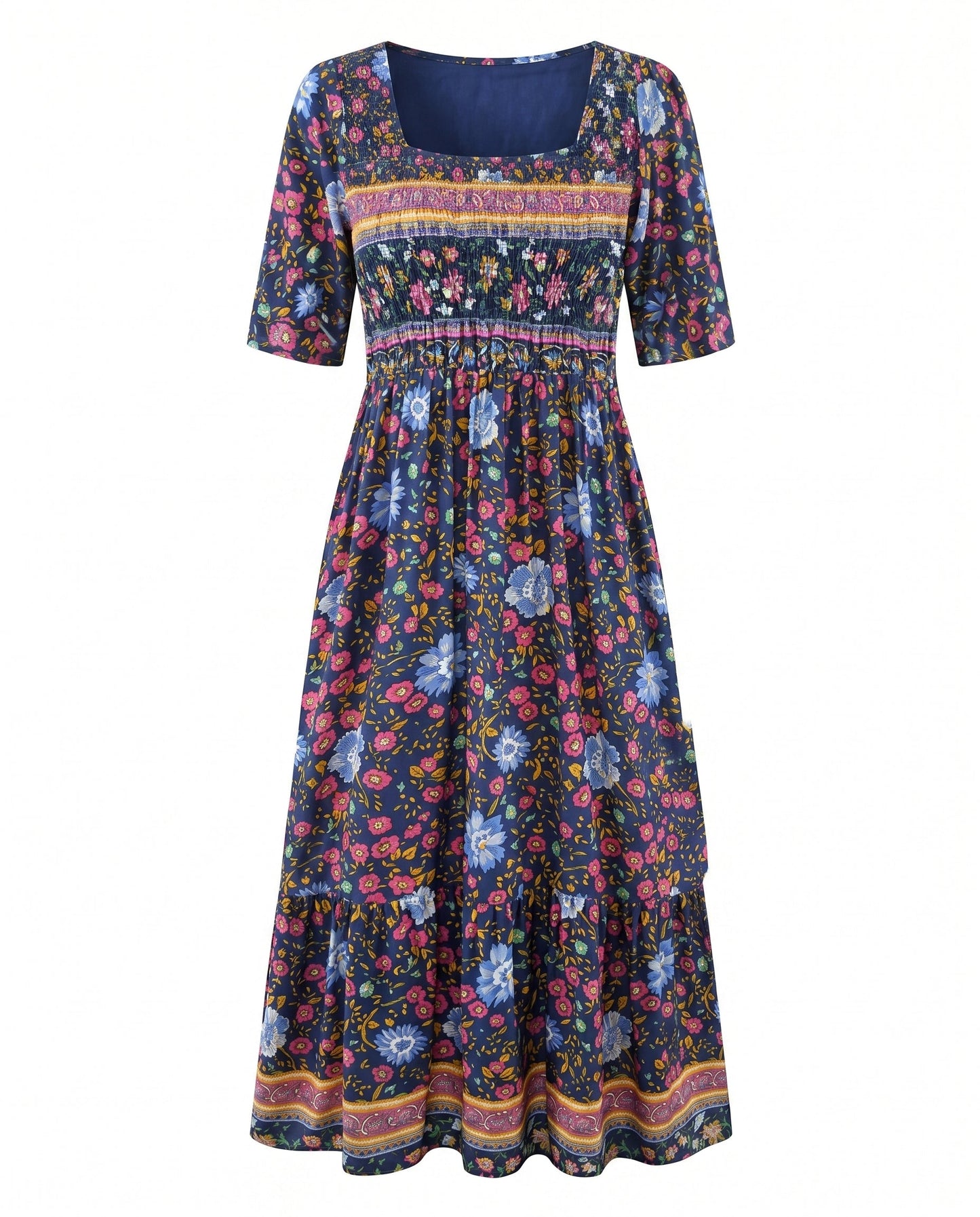Women's Boho Print Square Neck Shirred Midi Dress
