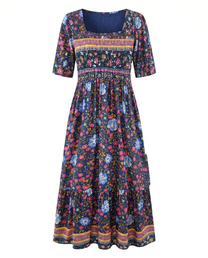 Women's Boho Print Square Neck Shirred Midi Dress