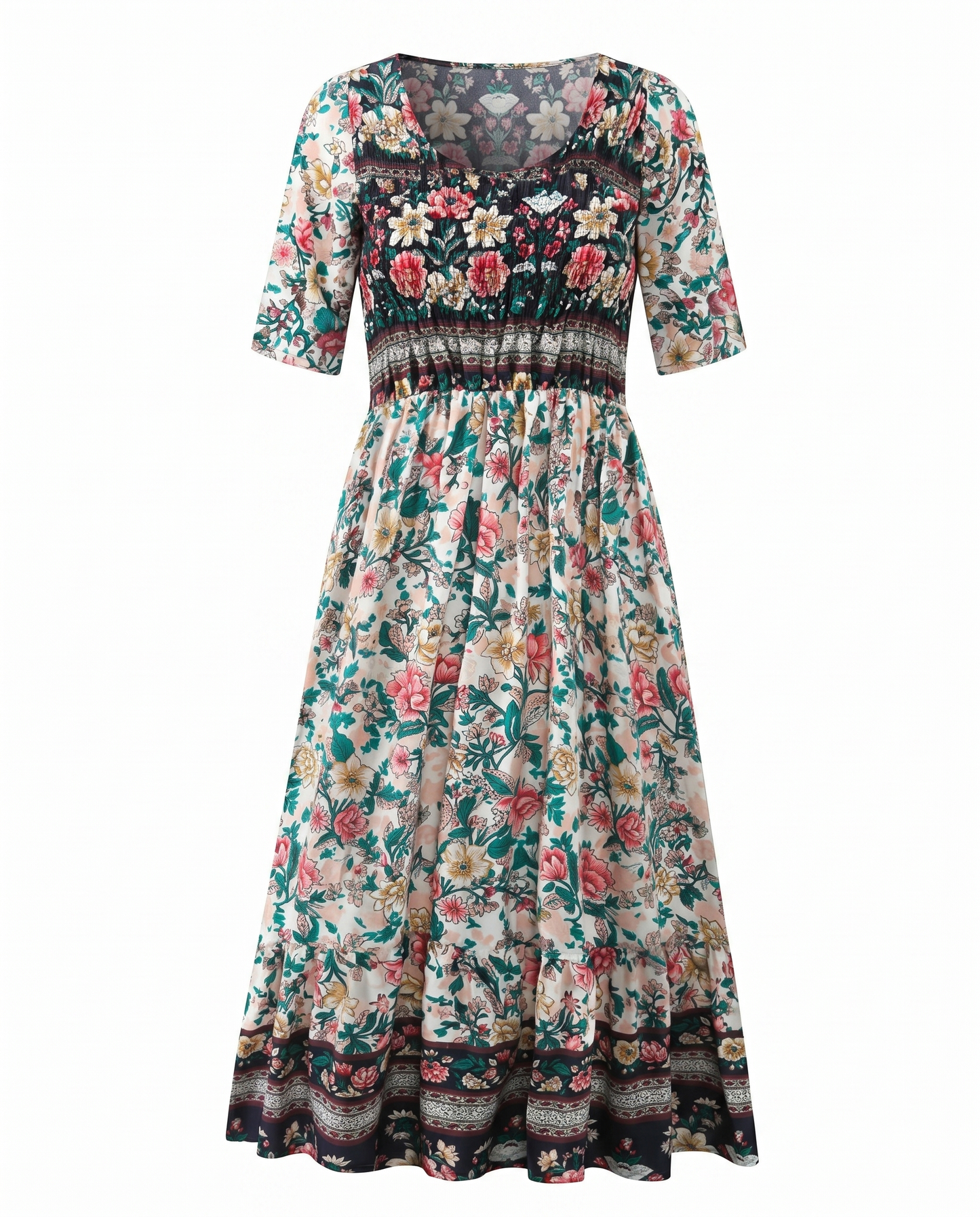Women's Boho Print Square Neck Shirred Midi Dress