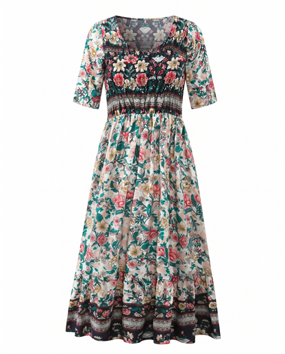 Women's Boho Print Square Neck Shirred Midi Dress