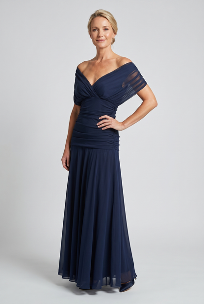 Women's Draped Off-Shoulder V-Neck Ruched Maxi Gown