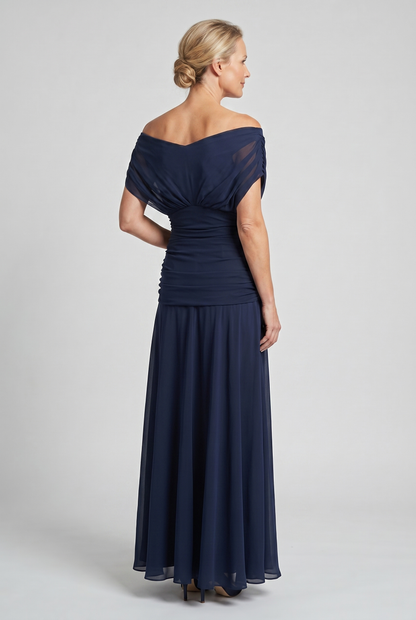 Women's Draped Off-Shoulder V-Neck Ruched Maxi Gown