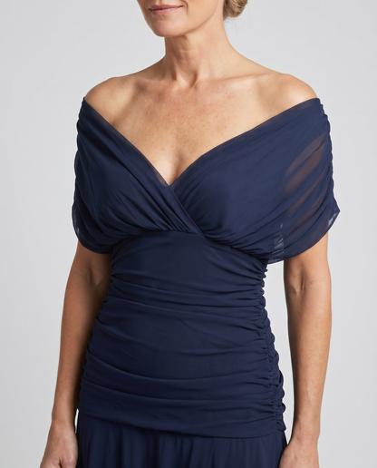 Women's Draped Off-Shoulder V-Neck Ruched Maxi Gown