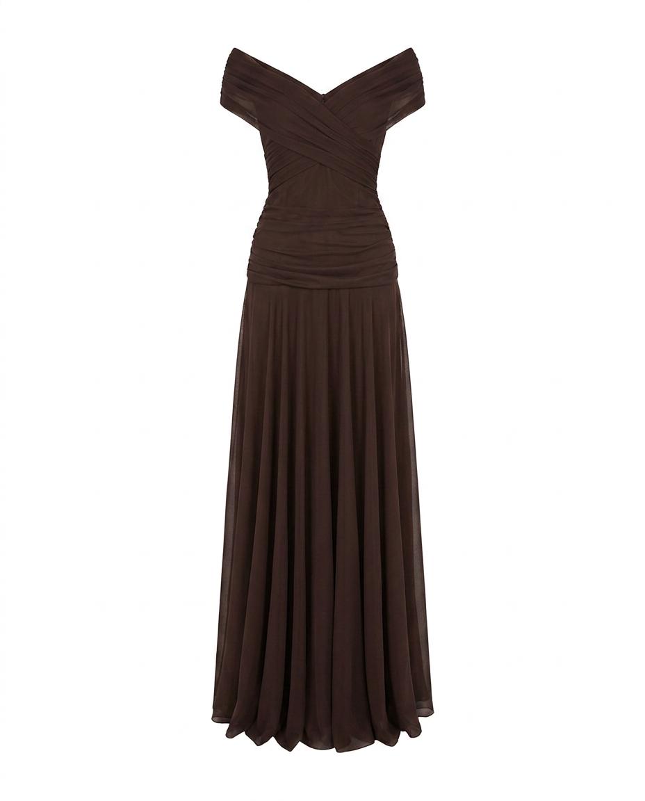 Women's Draped Off-Shoulder V-Neck Ruched Maxi Gown