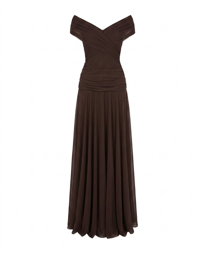 Women's Draped Off-Shoulder V-Neck Ruched Maxi Gown