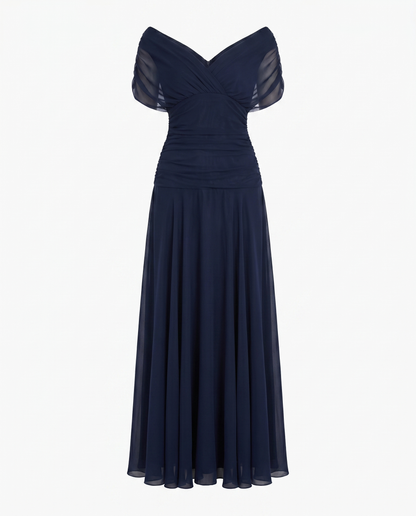 Women's Draped Off-Shoulder V-Neck Ruched Maxi Gown