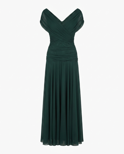 Women's Draped Off-Shoulder V-Neck Ruched Maxi Gown