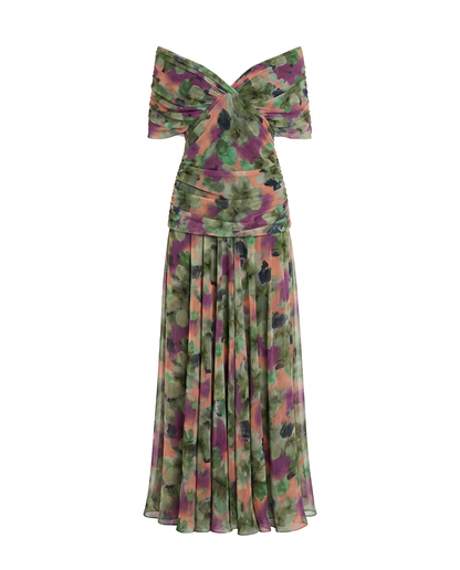 Women's Draped Off-Shoulder V-Neck Ruched Maxi Gown
