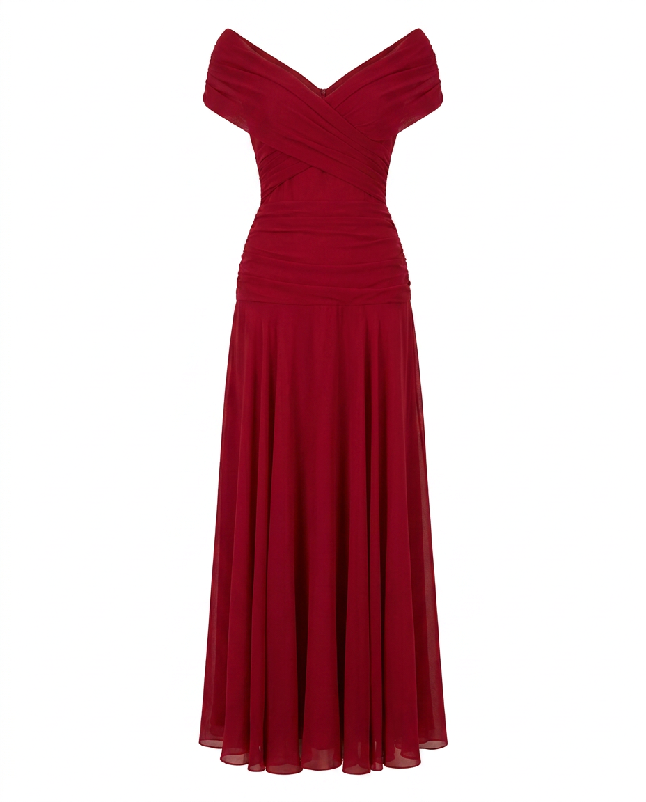 Women's Draped Off-Shoulder V-Neck Ruched Maxi Gown