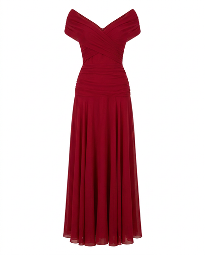 Women's Draped Off-Shoulder V-Neck Ruched Maxi Gown