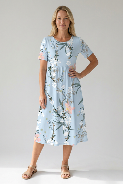 Women's Fresh Floral A-Line Round Neck Midi Dress