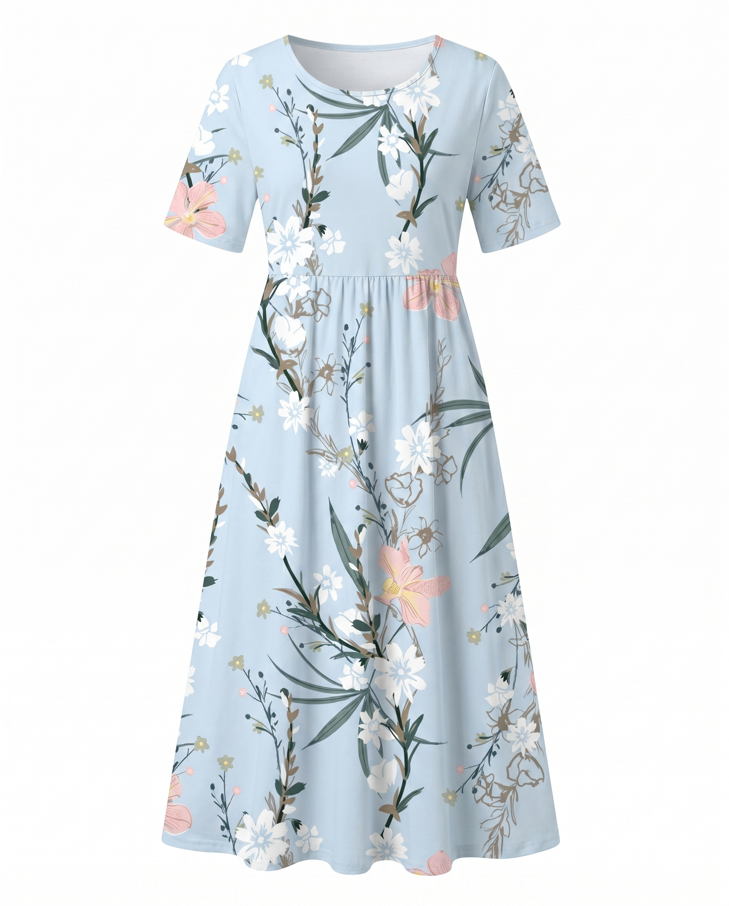 Women's Fresh Floral A-Line Round Neck Midi Dress