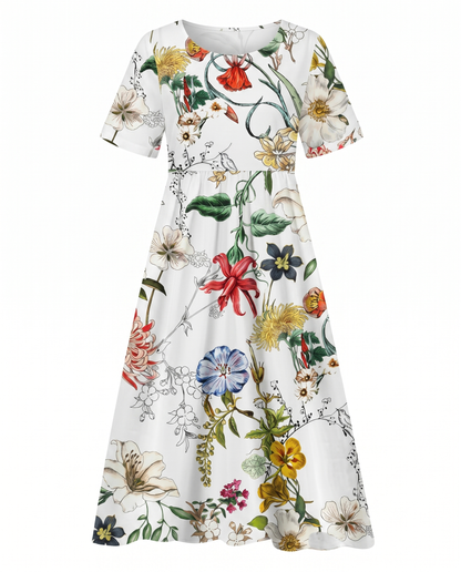 Women's Fresh Floral A-Line Round Neck Midi Dress
