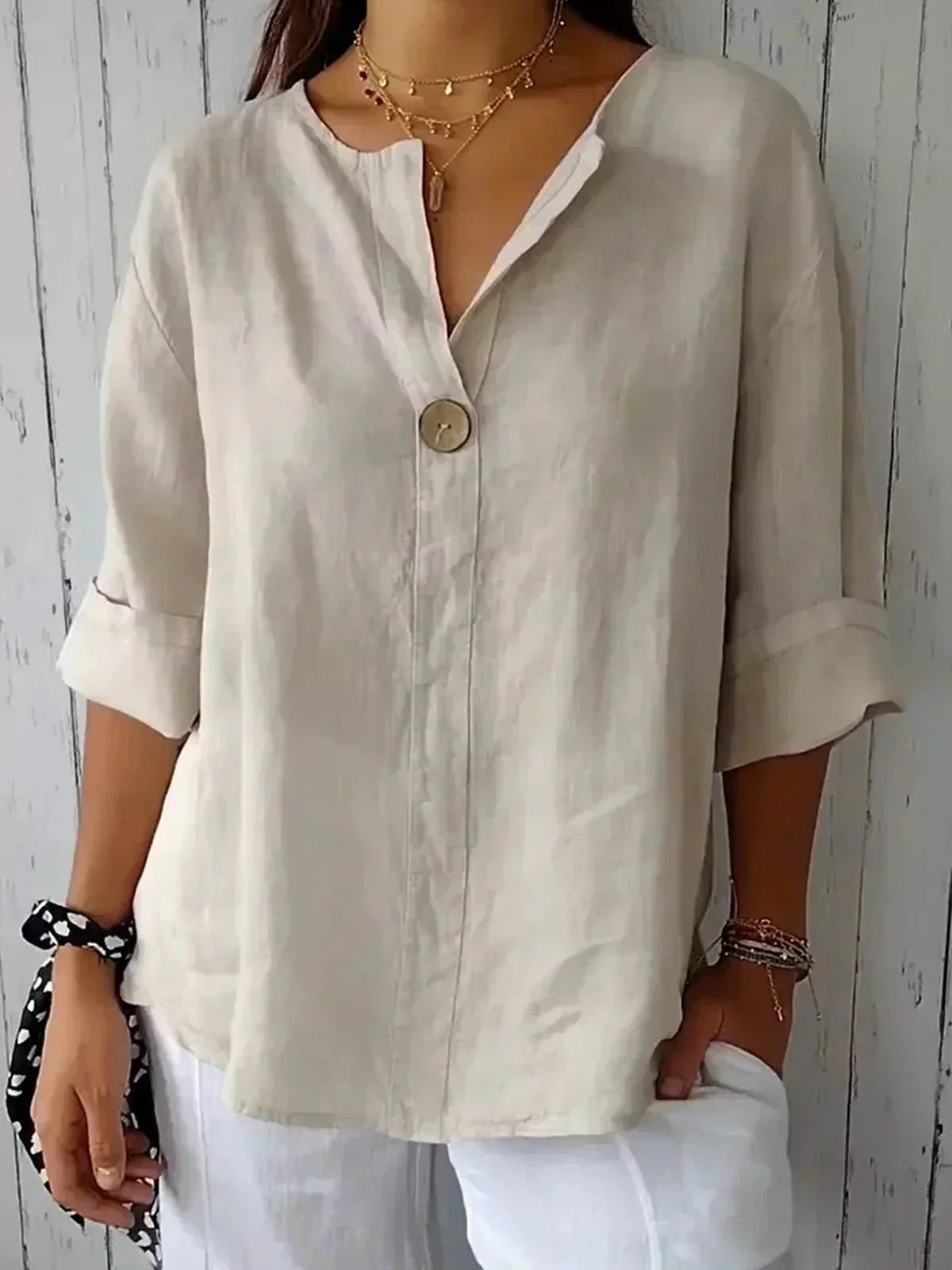 Women's V-Neck Linen Blouse with Roll Tab Sleeves