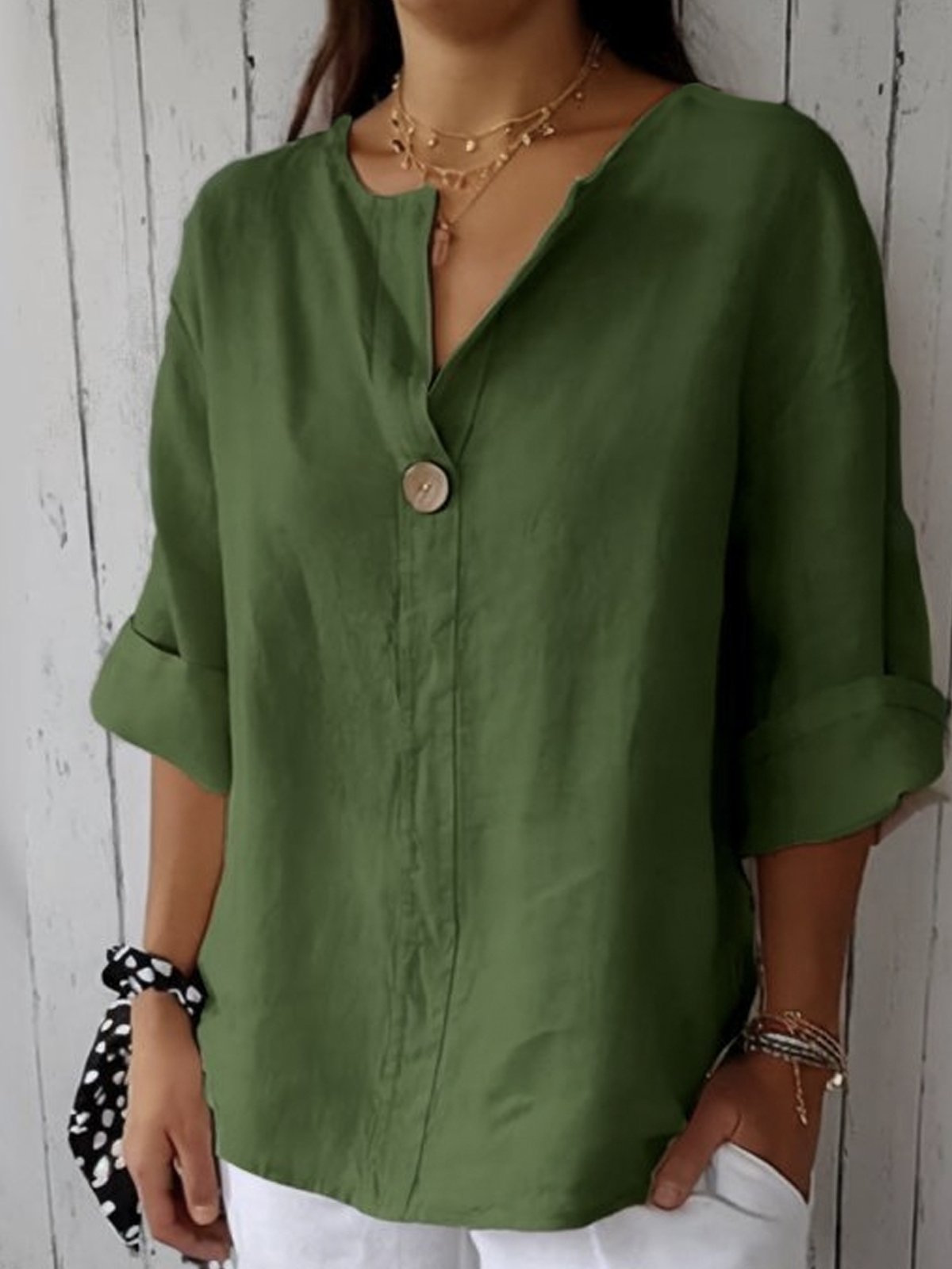 Women's V-Neck Linen Blouse with Roll Tab Sleeves