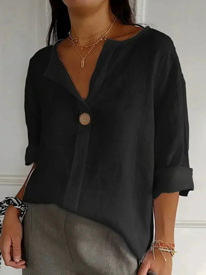 Women's V-Neck Linen Blouse with Roll Tab Sleeves