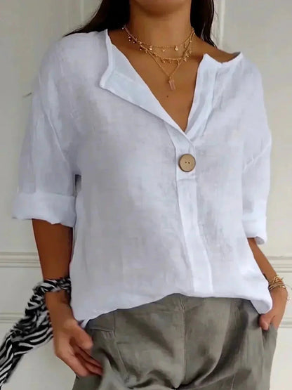 Women's V-Neck Linen Blouse with Roll Tab Sleeves