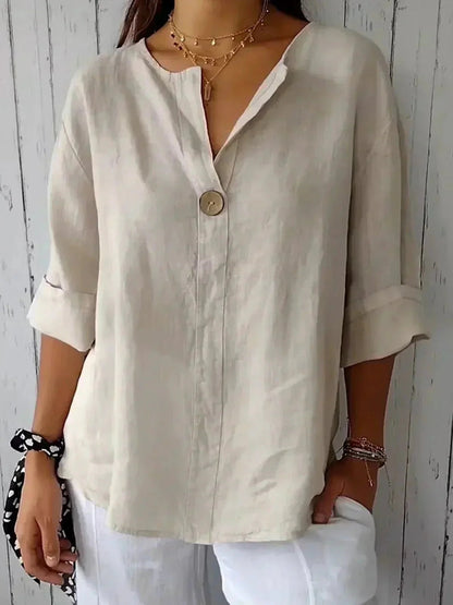 Women's V-Neck Linen Blouse with Roll Tab Sleeves