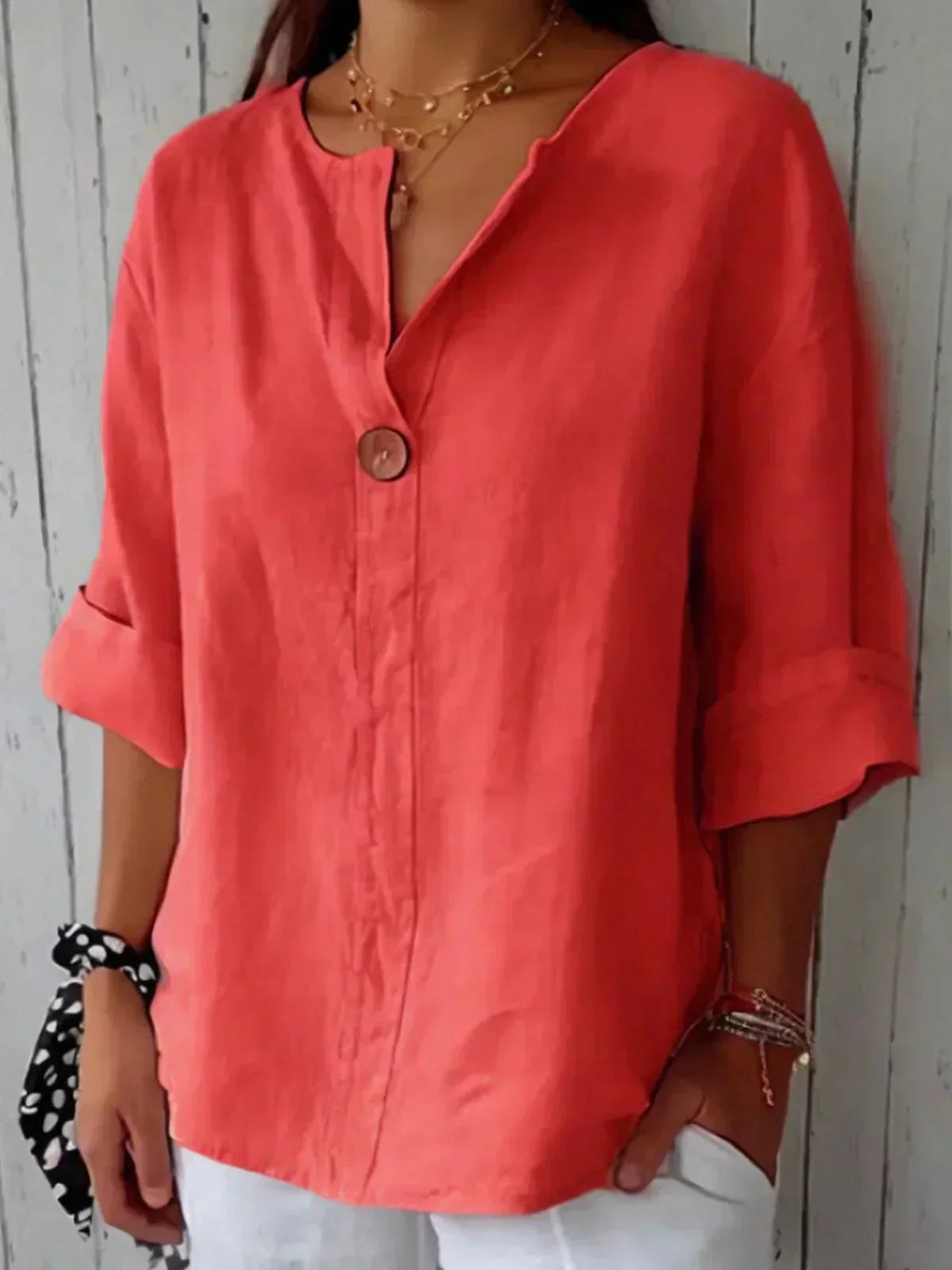 Women's V-Neck Linen Blouse with Roll Tab Sleeves