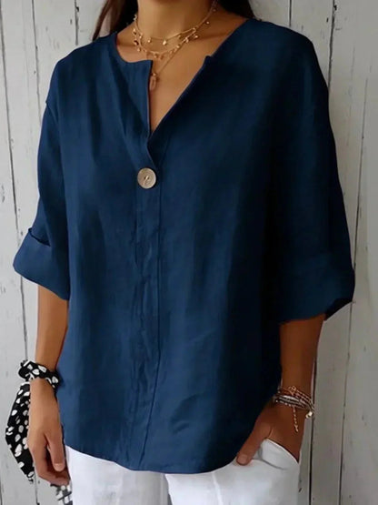 Women's V-Neck Linen Blouse with Roll Tab Sleeves