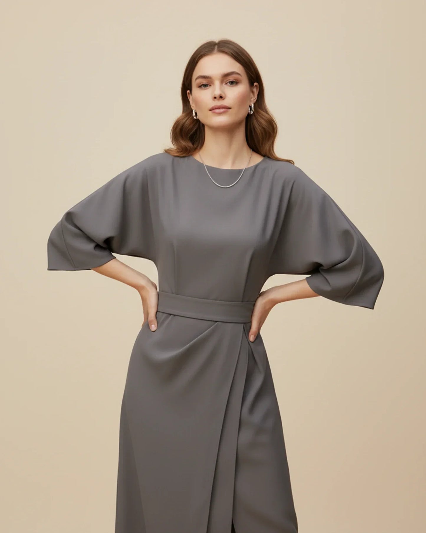 Women's Belted Midi Wrap Dress with Lantern Sleeves