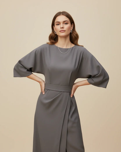 Women's Belted Midi Wrap Dress with Lantern Sleeves