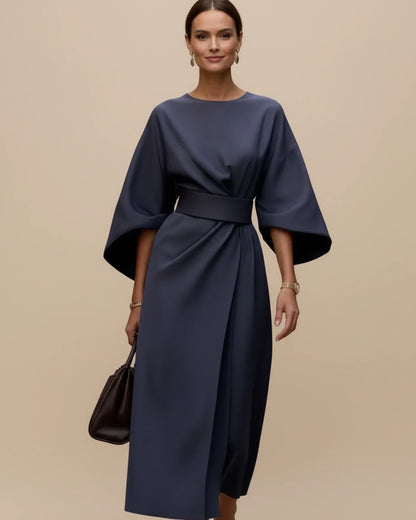Women's Belted Midi Wrap Dress with Lantern Sleeves
