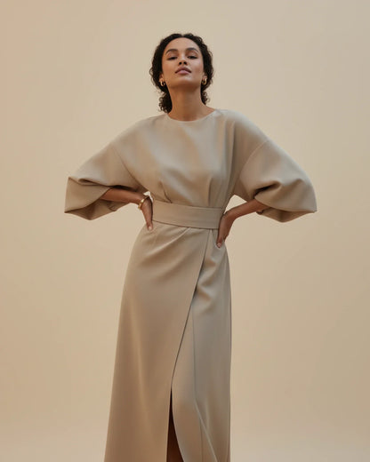 Women's Belted Midi Wrap Dress with Lantern Sleeves