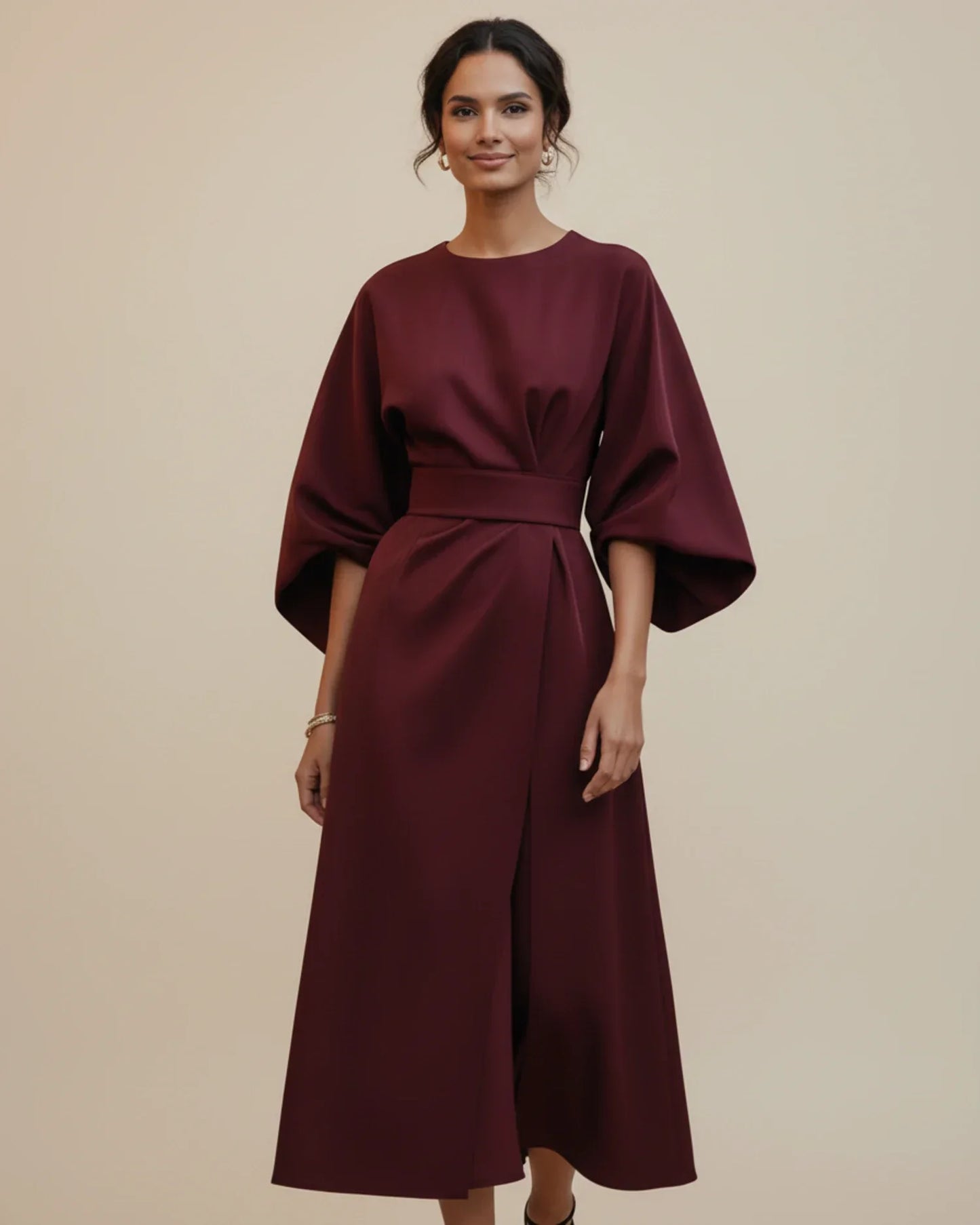 Women's Belted Midi Wrap Dress with Lantern Sleeves