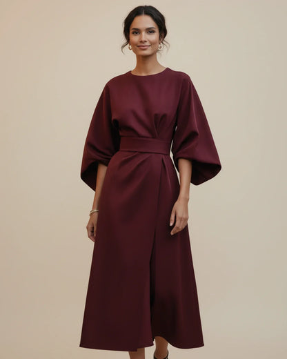 Women's Belted Midi Wrap Dress with Lantern Sleeves