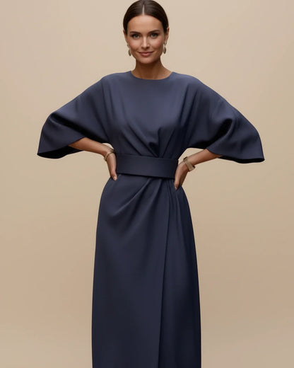Women's Belted Midi Wrap Dress with Lantern Sleeves