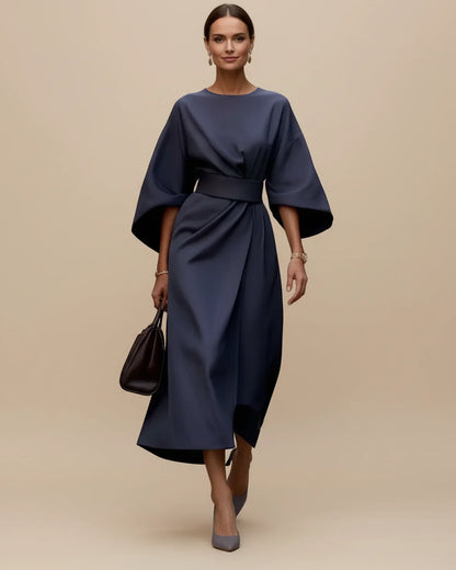 Women's Belted Midi Wrap Dress with Lantern Sleeves