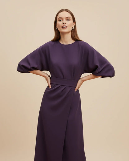 Women's Belted Midi Wrap Dress with Lantern Sleeves