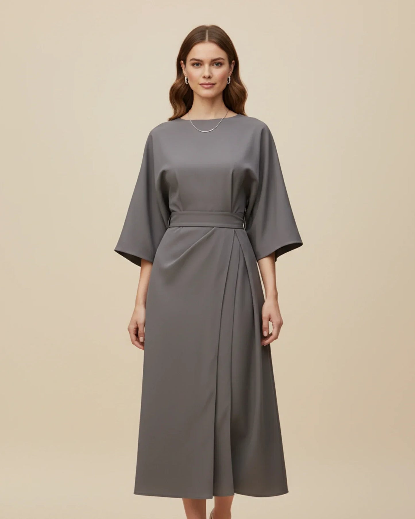 Women's Belted Midi Wrap Dress with Lantern Sleeves