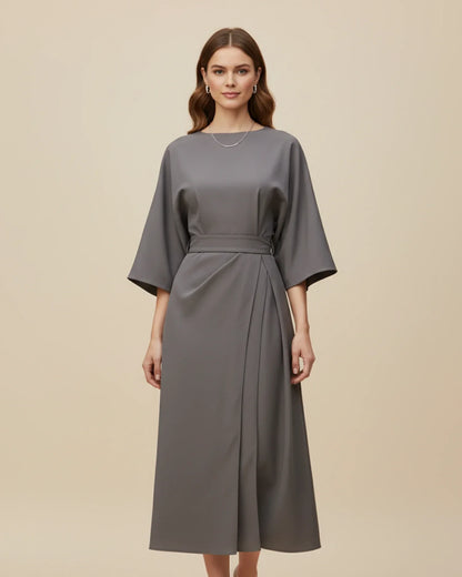 Women's Belted Midi Wrap Dress with Lantern Sleeves