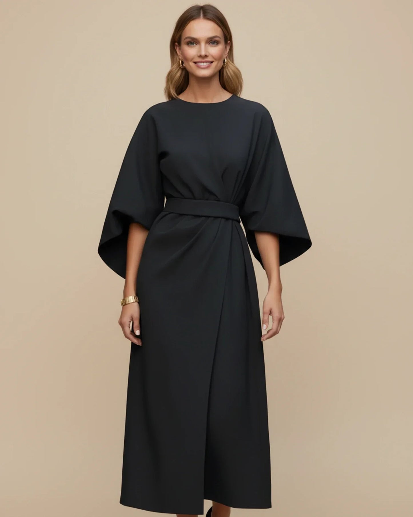 Women's Belted Midi Wrap Dress with Lantern Sleeves