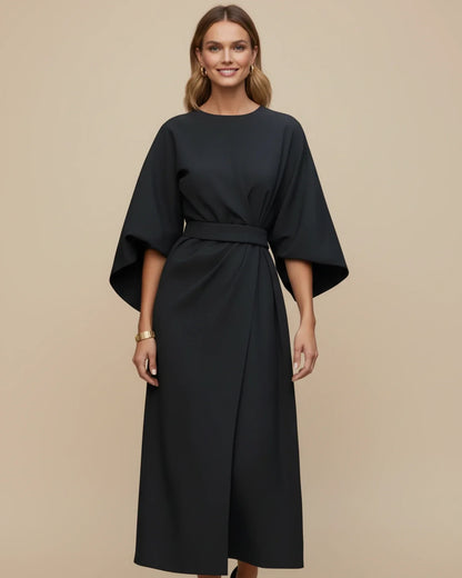 Women's Belted Midi Wrap Dress with Lantern Sleeves