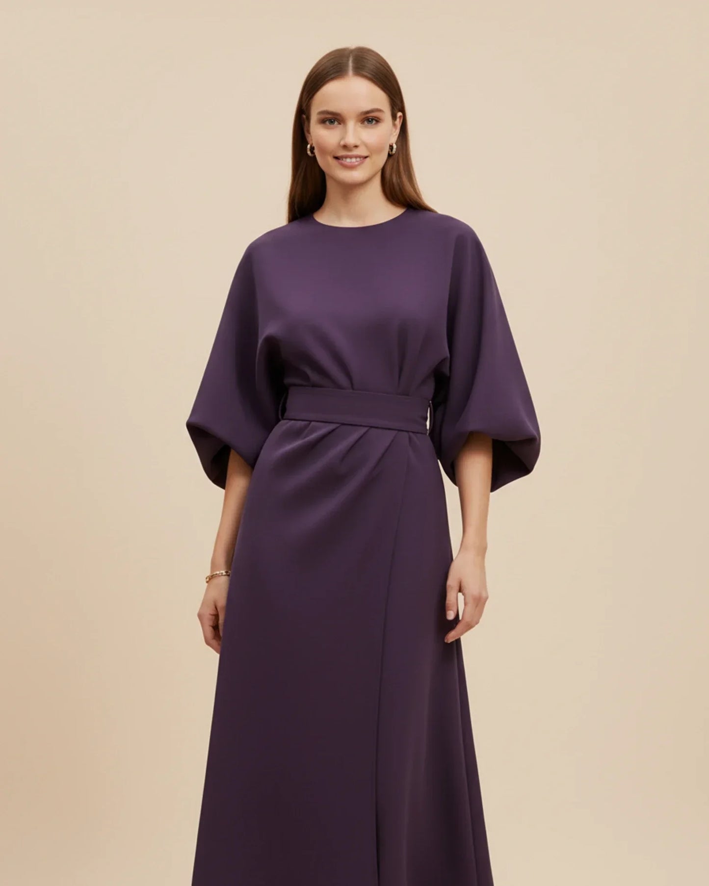 Women's Belted Midi Wrap Dress with Lantern Sleeves