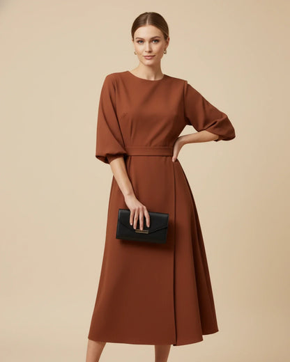 Women's Belted Midi Wrap Dress with Lantern Sleeves