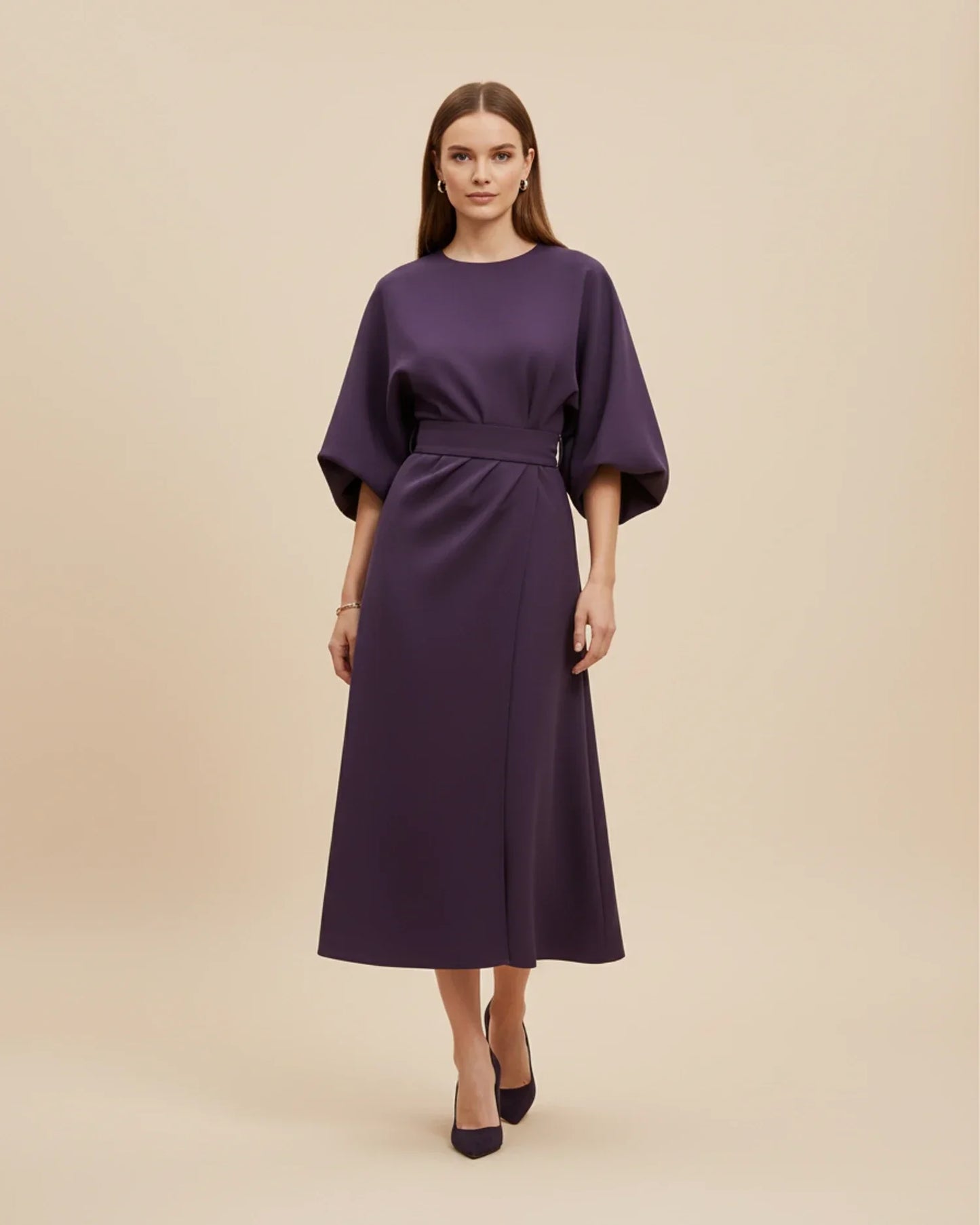 Women's Belted Midi Wrap Dress with Lantern Sleeves