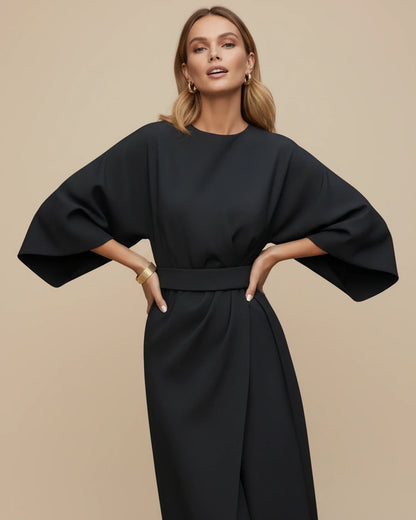Women's Belted Midi Wrap Dress with Lantern Sleeves