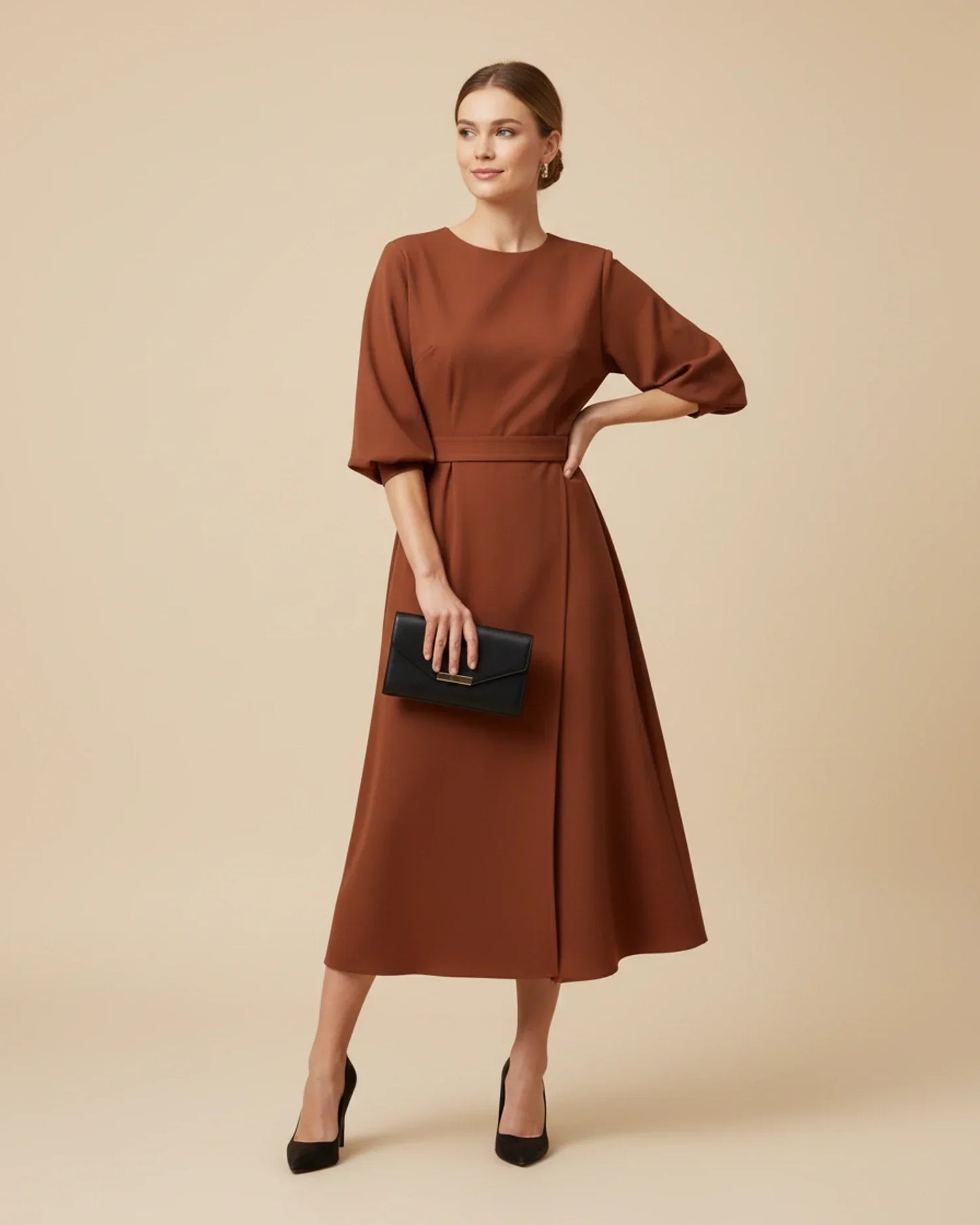Women's Belted Midi Wrap Dress with Lantern Sleeves