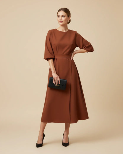 Women's Belted Midi Wrap Dress with Lantern Sleeves