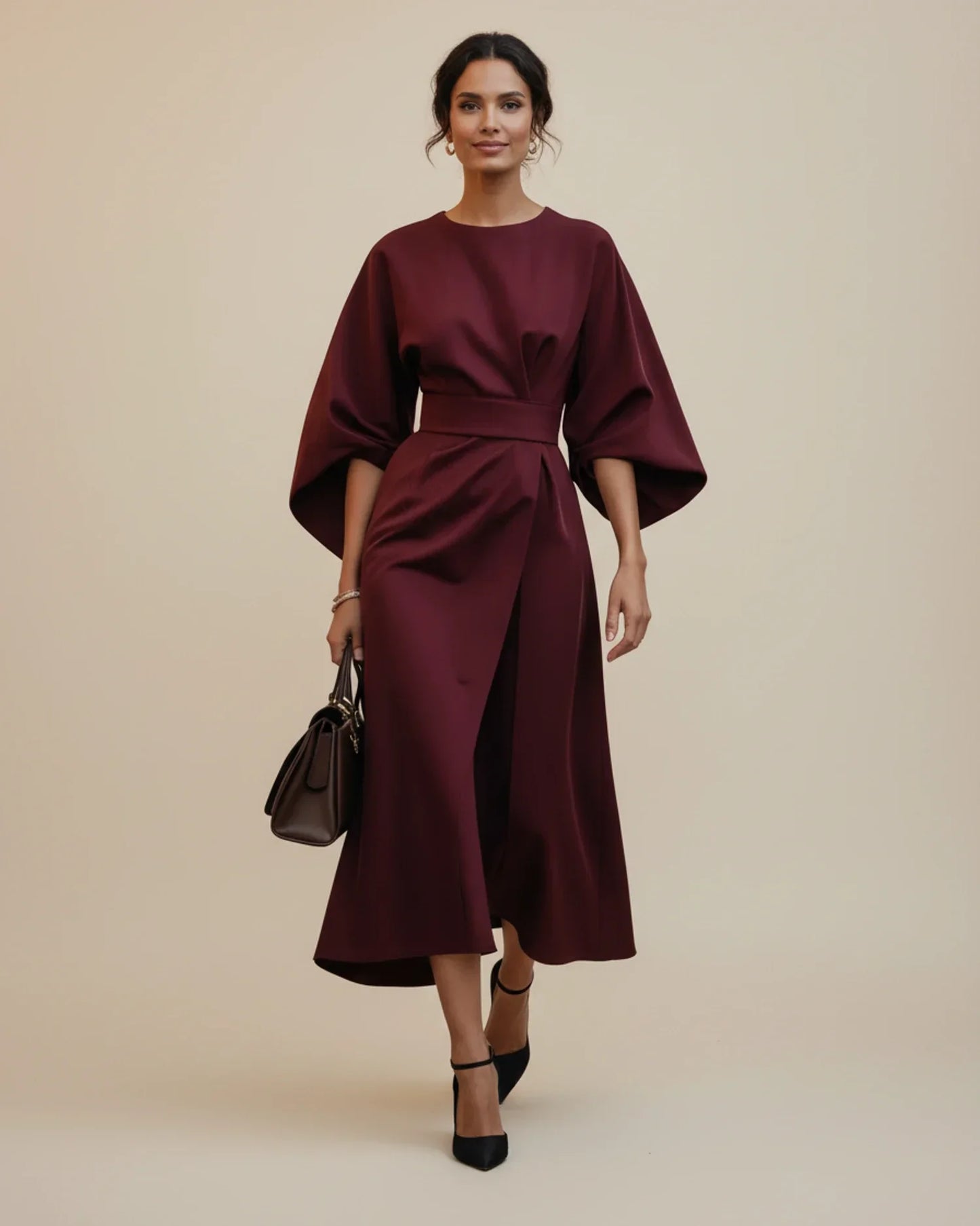 Women's Belted Midi Wrap Dress with Lantern Sleeves