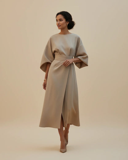 Women's Belted Midi Wrap Dress with Lantern Sleeves