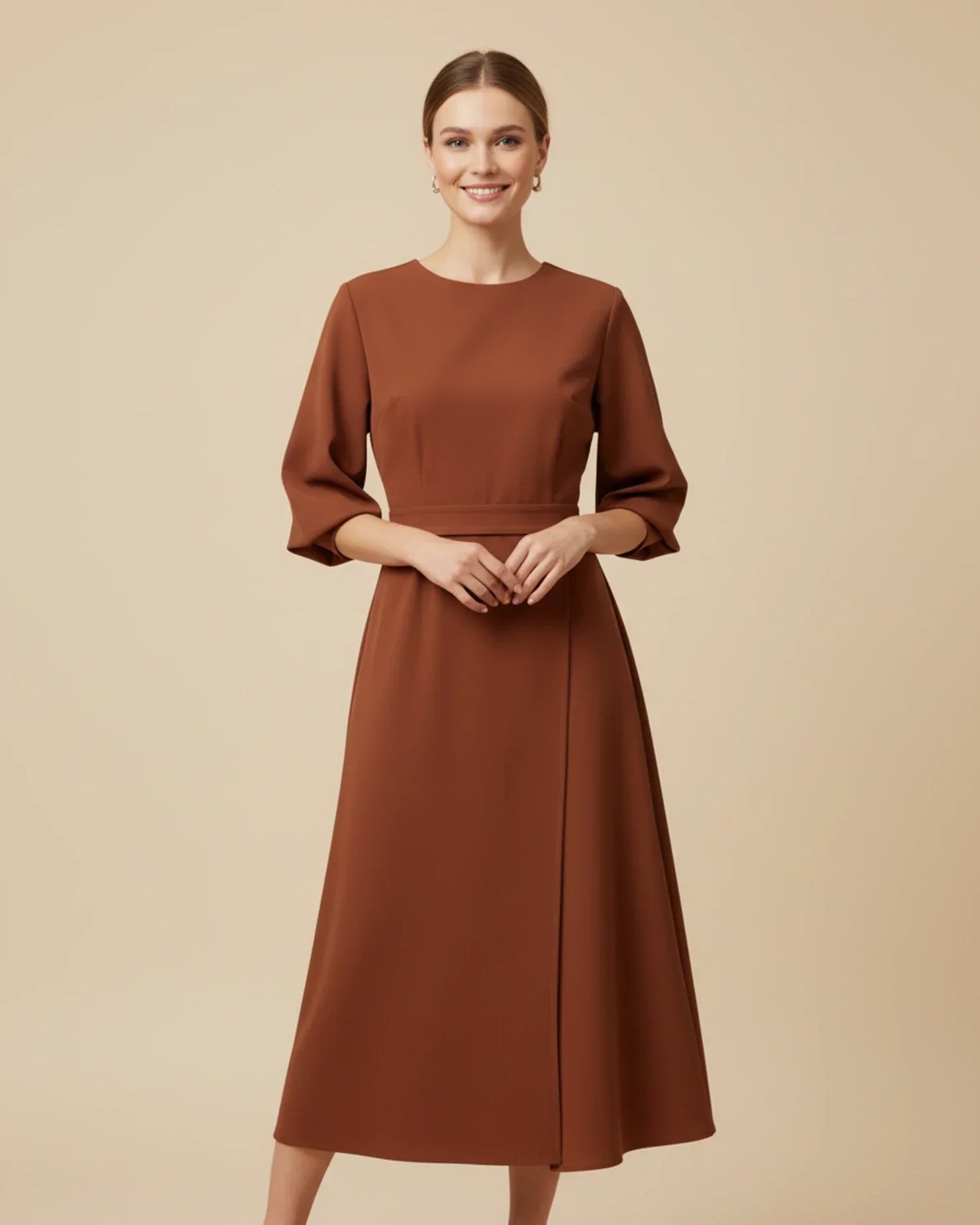 Women's Belted Midi Wrap Dress with Lantern Sleeves
