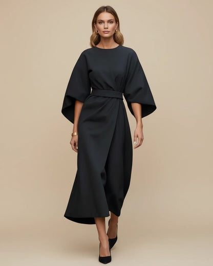 Women's Belted Midi Wrap Dress with Lantern Sleeves