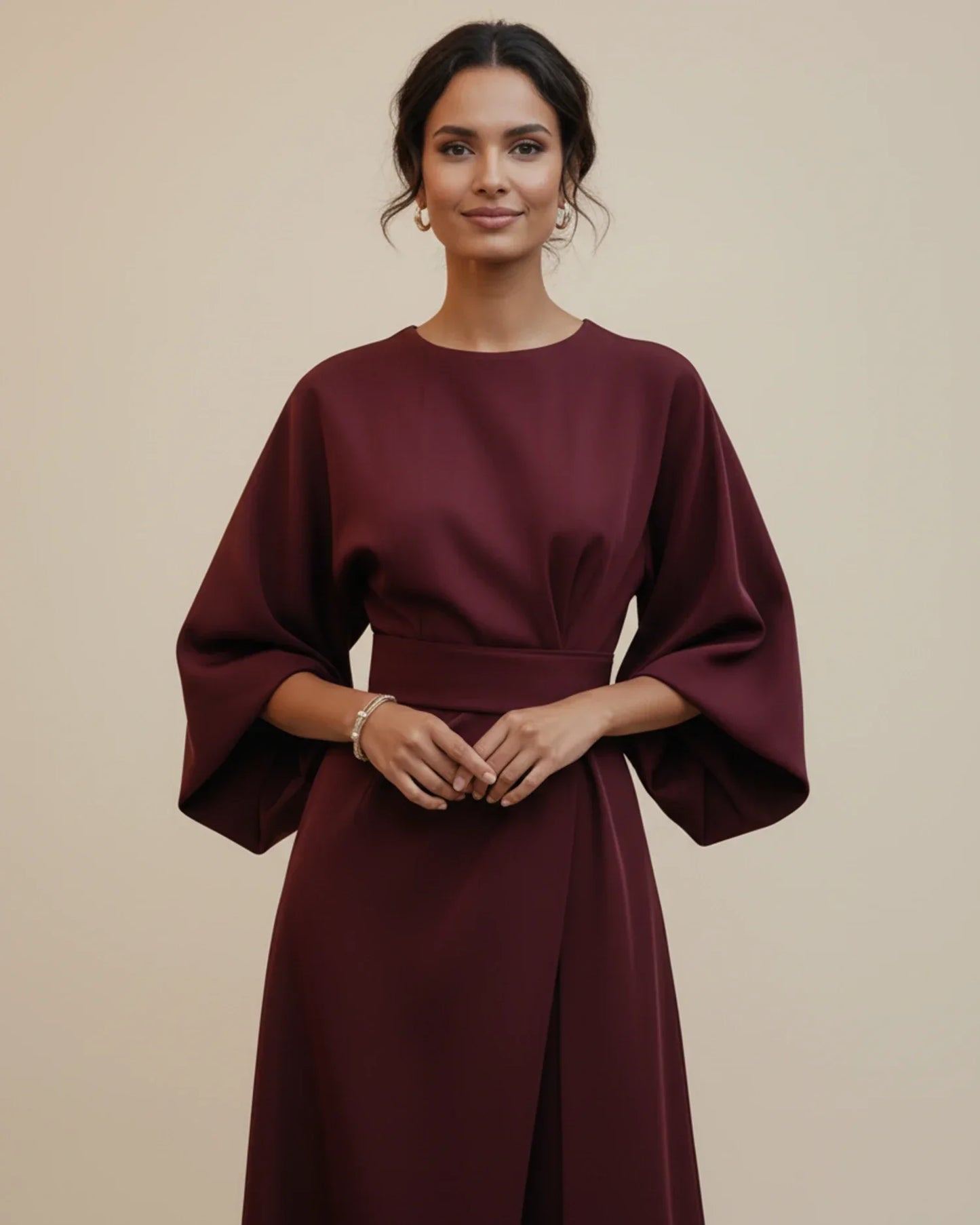 Women's Belted Midi Wrap Dress with Lantern Sleeves