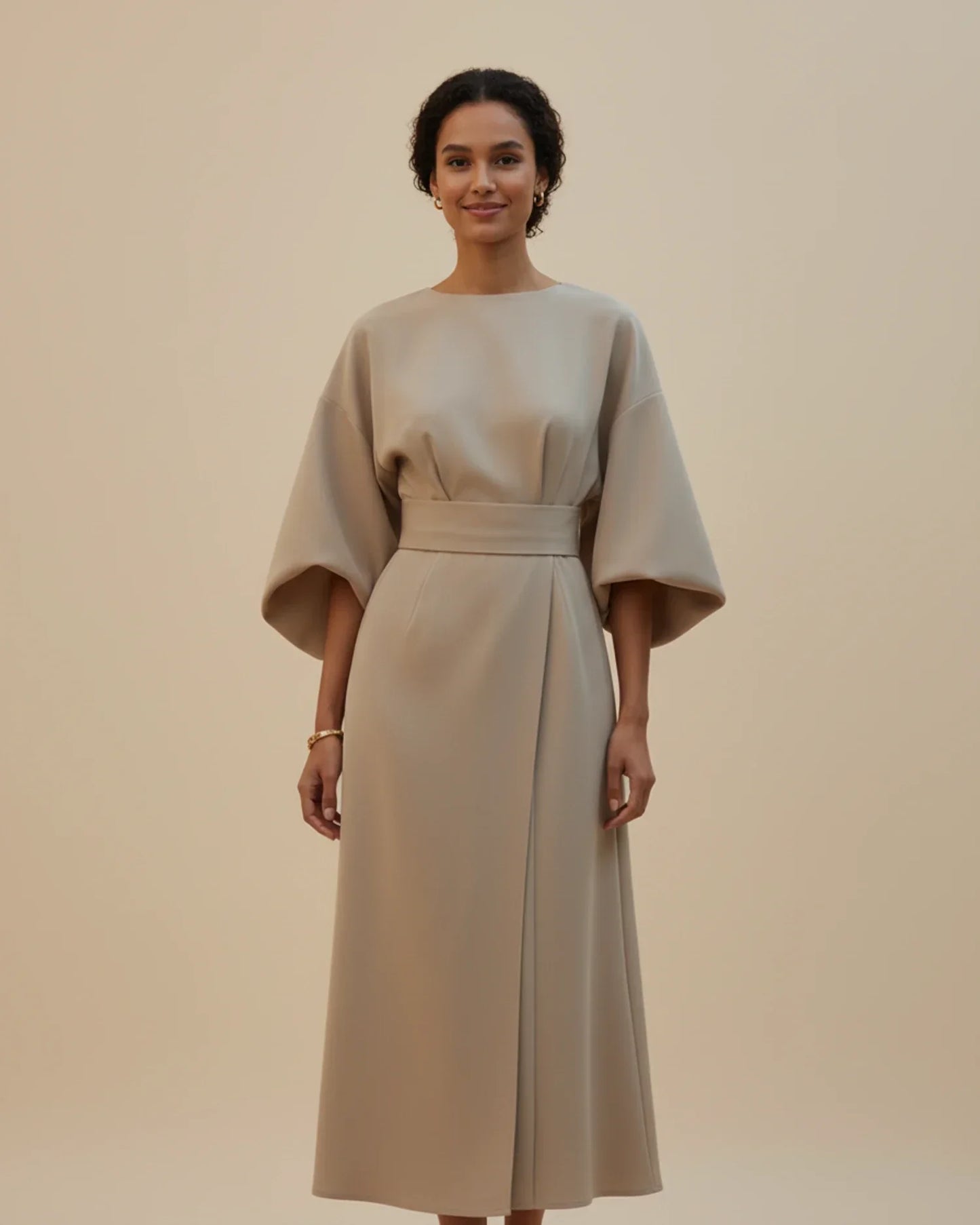 Women's Belted Midi Wrap Dress with Lantern Sleeves