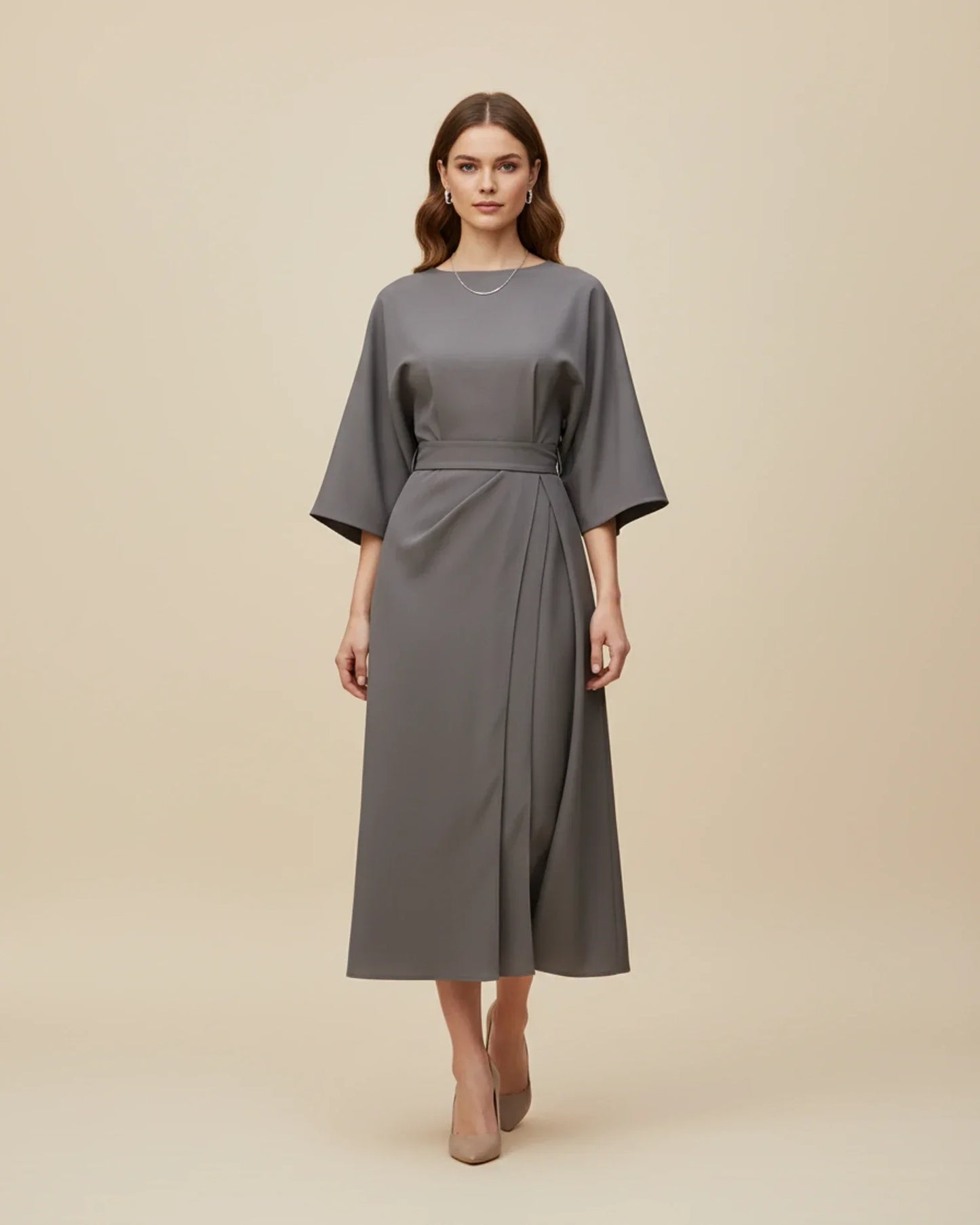Women's Belted Midi Wrap Dress with Lantern Sleeves
